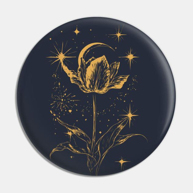 Golden Tulip Blooming Under the Moon – Ethereal Floral Art Pin by TuncGK