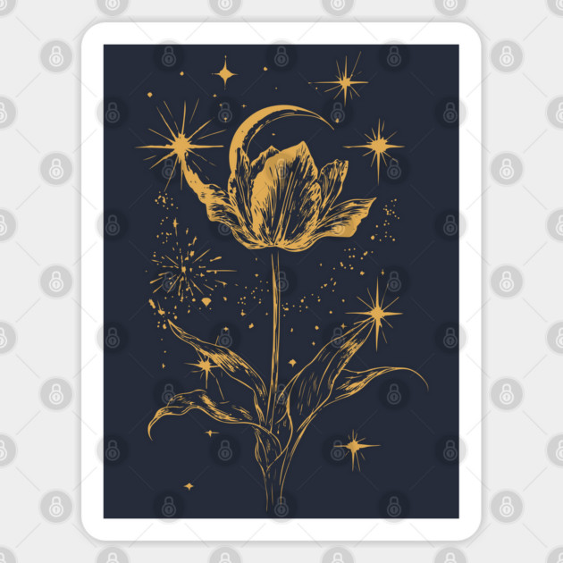 Golden Tulip Blooming Under the Moon – Ethereal Floral Art Sticker by TuncGK