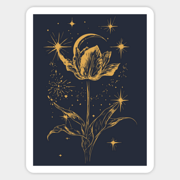 Golden Tulip Blooming Under the Moon – Ethereal Floral Art Magnet by TuncGK