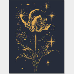 Golden Tulip Blooming Under the Moon – Ethereal Floral Art Posters and Art