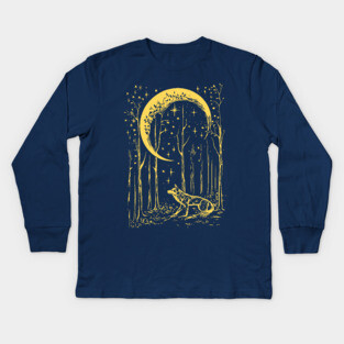 Mystical Wolf Howling at the Crescent Moon – Spirit of the Night Kids Long Sleeve T-Shirt