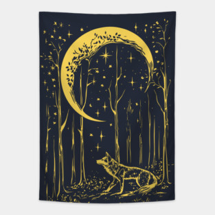Mystical Wolf Howling at the Crescent Moon – Spirit of the Night Tapestry