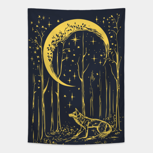 Mystical Wolf Howling at the Crescent Moon – Spirit of the Night Tapestry by TuncGK
