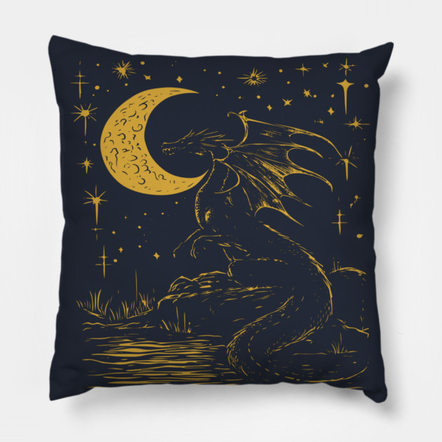 Mystical Dragon by the Moonlit Waters – Celestial Fantasy Beast Pillow by TuncGK