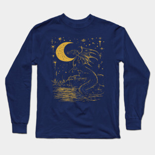 Mystical Dragon by the Moonlit Waters – Celestial Fantasy Beast Long Sleeve T-Shirt
