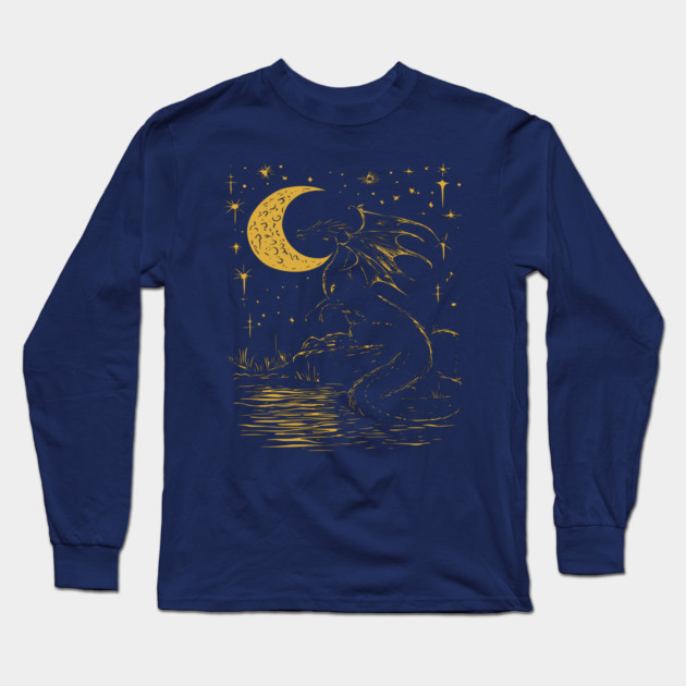 Mystical Dragon by the Moonlit Waters – Celestial Fantasy Beast Long Sleeve T-Shirt by TuncGK