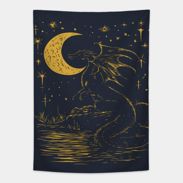 Mystical Dragon by the Moonlit Waters – Celestial Fantasy Beast Tapestry by TuncGK