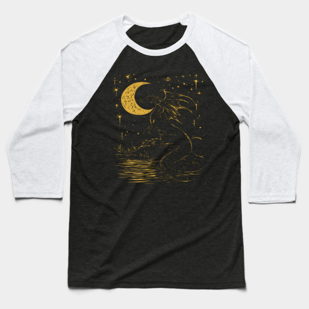 Mystical Dragon by the Moonlit Waters – Celestial Fantasy Beast Baseball T-Shirt by TuncGK