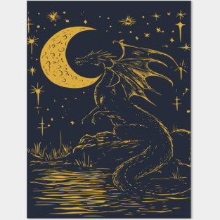 Mystical Dragon by the Moonlit Waters – Celestial Fantasy Beast Posters and Art