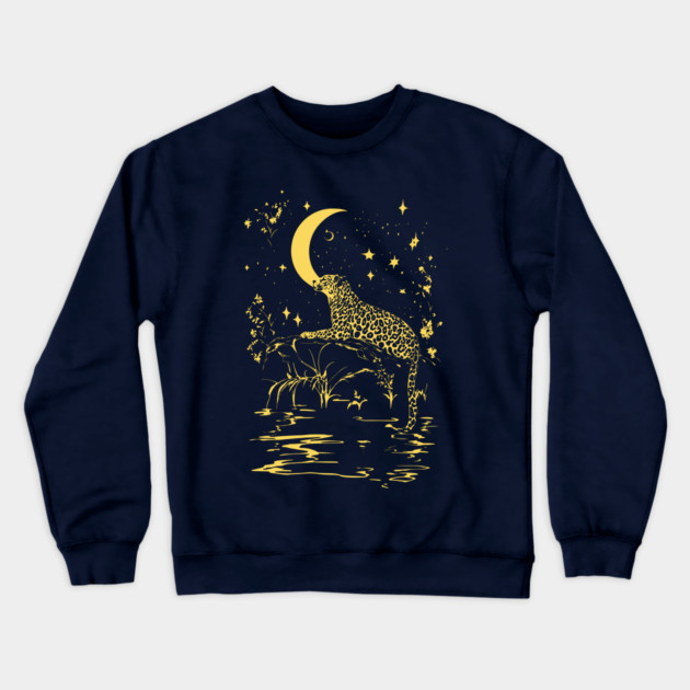 Celestial Leopard in the Night – Moonlit Jungle Majesty Crewneck Sweatshirt by TuncGK