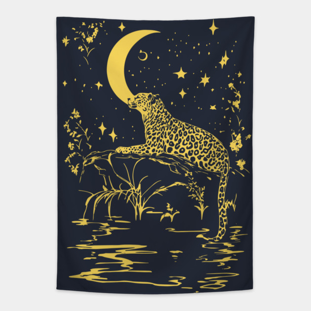 Celestial Leopard in the Night – Moonlit Jungle Majesty Tapestry by TuncGK