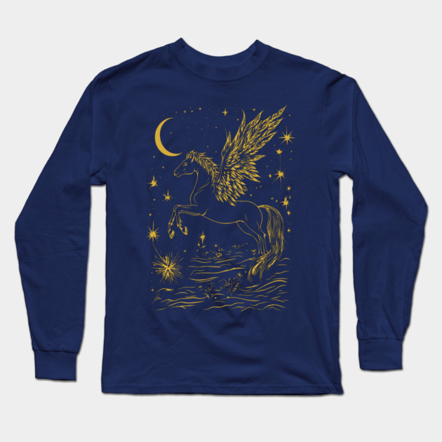 Winged Pegasus Under the Moon – Celestial Flight of Dreams Long Sleeve T-Shirt by TuncGK