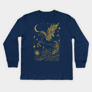 Winged Pegasus Under the Moon – Celestial Flight of Dreams Kids Long Sleeve T-Shirt