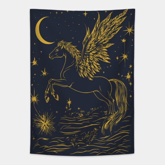 Winged Pegasus Under the Moon – Celestial Flight of Dreams Tapestry by TuncGK