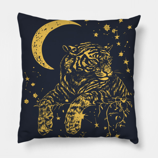 Moonlit Tiger Resting in the Night – Celestial Strength and Serenity Pillow by TuncGK