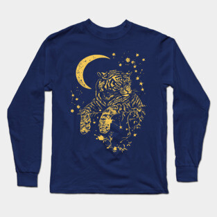 Moonlit Tiger Resting in the Night – Celestial Strength and Serenity Long Sleeve T-Shirt