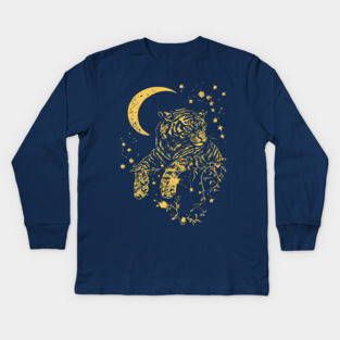 Moonlit Tiger Resting in the Night – Celestial Strength and Serenity Kids Long Sleeve T-Shirt