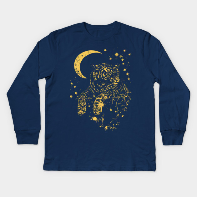 Moonlit Tiger Resting in the Night – Celestial Strength and Serenity Kids Long Sleeve T-Shirt by TuncGK
