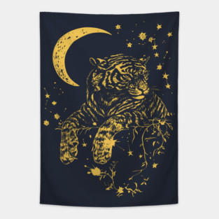 Moonlit Tiger Resting in the Night – Celestial Strength and Serenity Tapestry