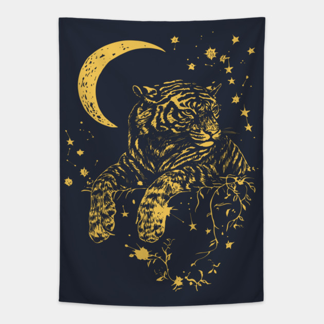 Moonlit Tiger Resting in the Night – Celestial Strength and Serenity Tapestry by TuncGK