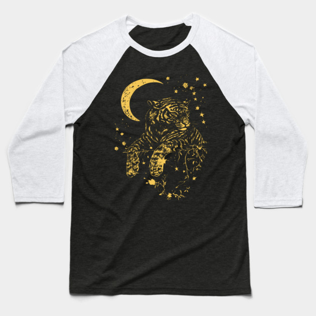 Moonlit Tiger Resting in the Night – Celestial Strength and Serenity Baseball T-Shirt by TuncGK