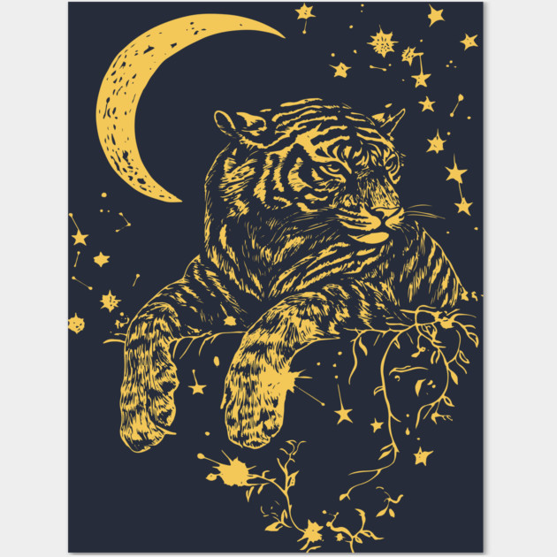Moonlit Tiger Resting in the Night – Celestial Strength and Serenity Wall Art by TuncGK