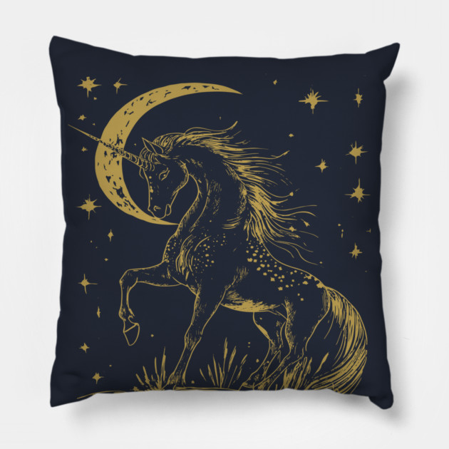 Mystical Unicorn Under the Moon – Celestial Fantasy and Magic Pillow by TuncGK