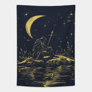 Celestial Warrior at Rest – Mystical Strength and Reflection Tapestry