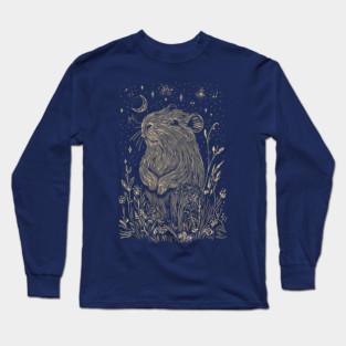 Celestial Capybara in Moonlit Tranquility – Gentle Nature Spirit Long Sleeve T-Shirt