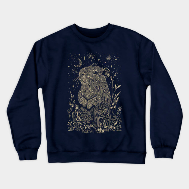 Celestial Capybara in Moonlit Tranquility – Gentle Nature Spirit Crewneck Sweatshirt by TuncGK