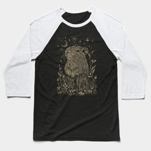 Celestial Capybara in Moonlit Tranquility – Gentle Nature Spirit Baseball T-Shirt by TuncGK