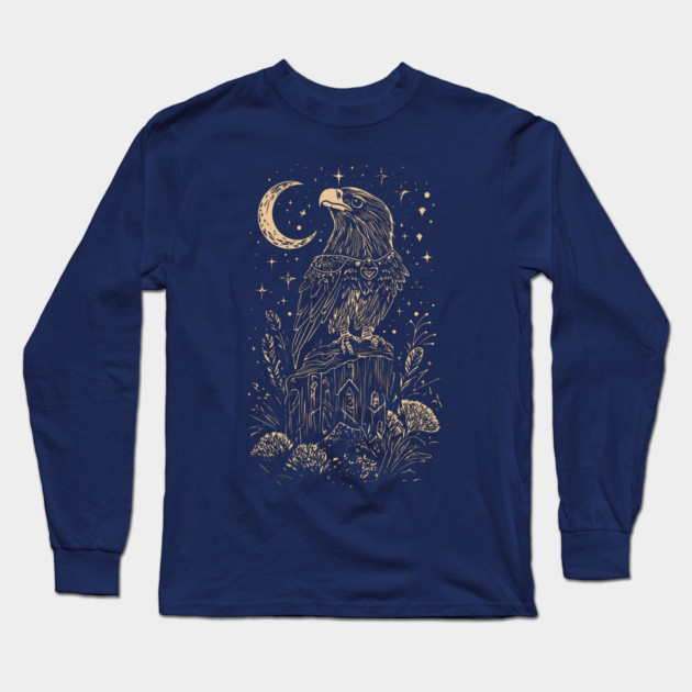 Celestial Eagle in Flight – Lunar Majesty and Freedom Long Sleeve T-Shirt by TuncGK