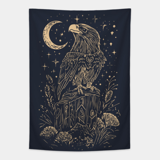 Celestial Eagle in Flight – Lunar Majesty and Freedom Tapestry by TuncGK