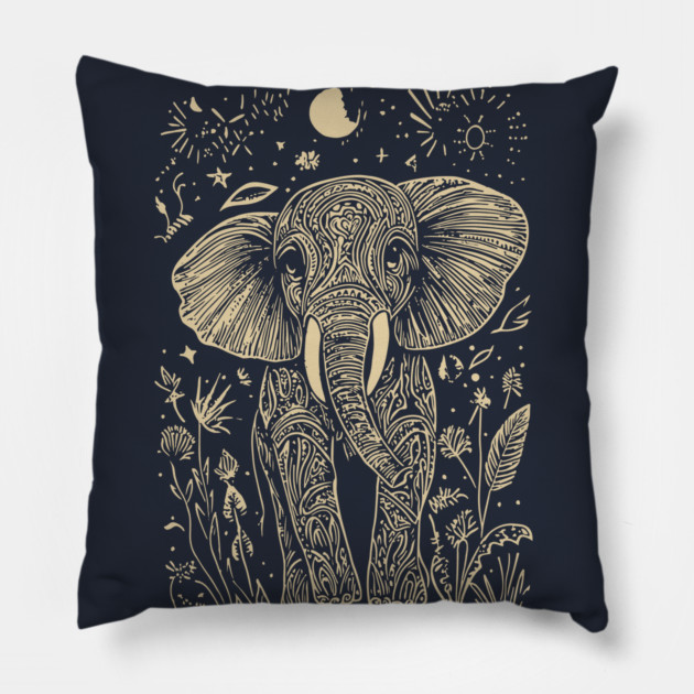 Mystical Elephant Beneath the Moon – Celestial Wisdom and Strength Pillow by TuncGK