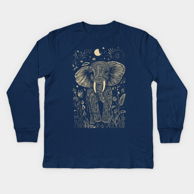 Mystical Elephant Beneath the Moon – Celestial Wisdom and Strength Kids Long Sleeve T-Shirt by TuncGK
