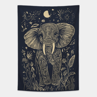 Mystical Elephant Beneath the Moon – Celestial Wisdom and Strength Tapestry