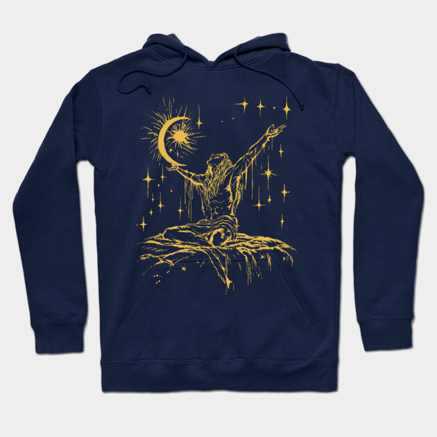 "Celestial Enlightenment – Mystical Man Reaching for the Stars Hoodie by TuncGK