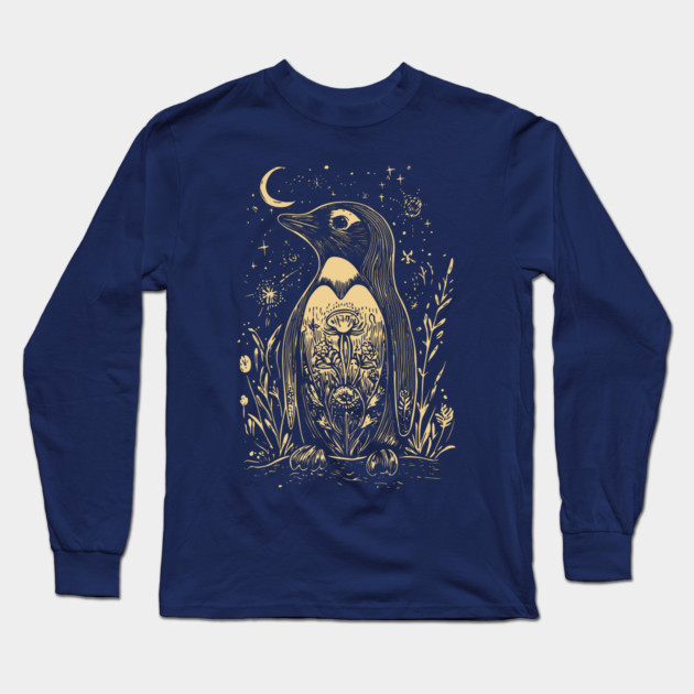 Celestial Penguin Under the Moon – Mystic Arctic Dream Long Sleeve T-Shirt by TuncGK