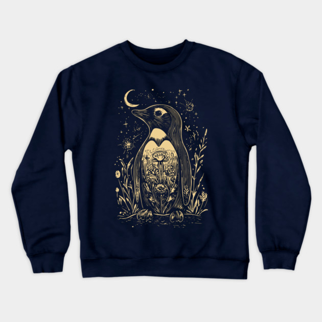 Celestial Penguin Under the Moon – Mystic Arctic Dream Crewneck Sweatshirt by TuncGK