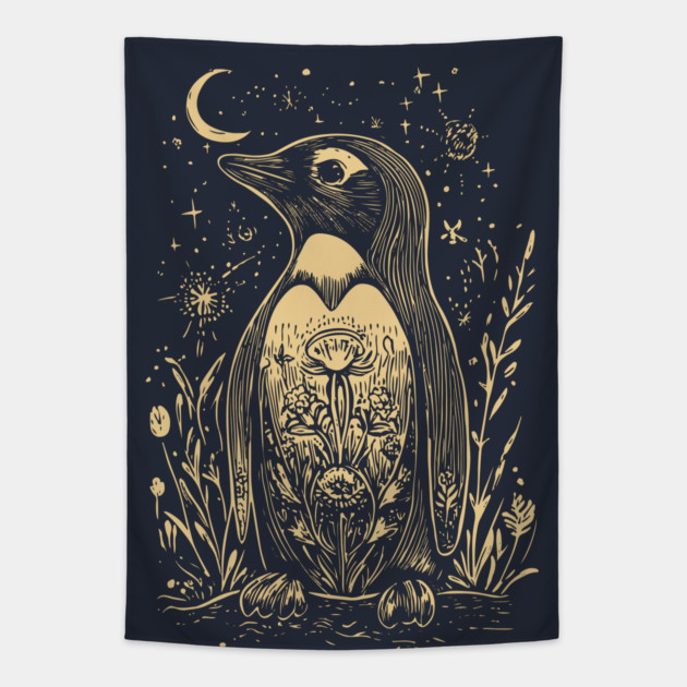 Celestial Penguin Under the Moon – Mystic Arctic Dream Tapestry by TuncGK