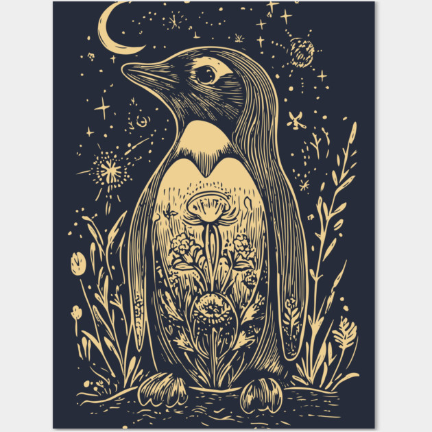 Celestial Penguin Under the Moon – Mystic Arctic Dream Wall Art by TuncGK