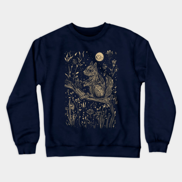Mystical Squirrel in a Celestial Forest – Cosmic Woodland Spirit Crewneck Sweatshirt by TuncGK