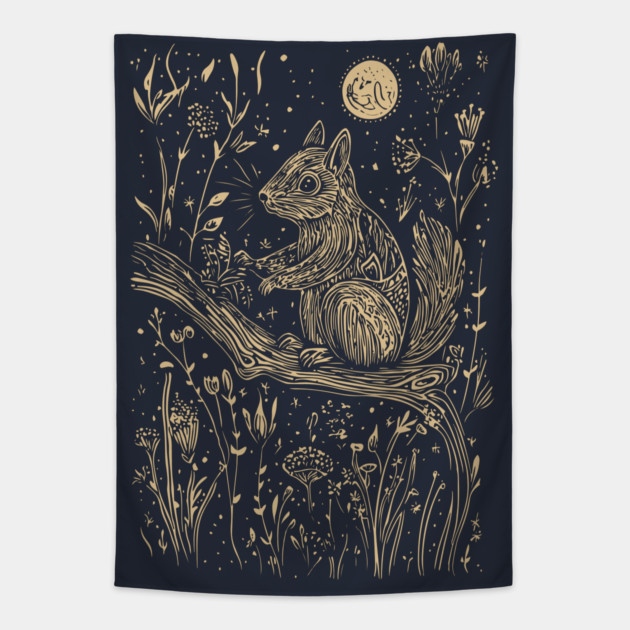 Mystical Squirrel in a Celestial Forest – Cosmic Woodland Spirit Tapestry by TuncGK