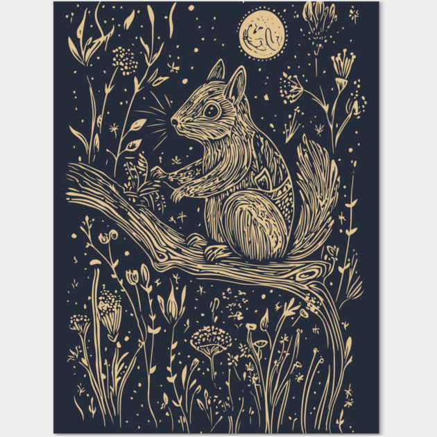 Mystical Squirrel in a Celestial Forest – Cosmic Woodland Spirit Wall Art by TuncGK