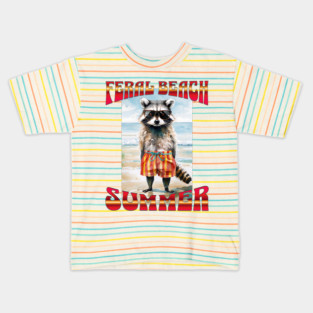 Feral Beach Summer funny raccoon in swim trunks Kids T-Shirt