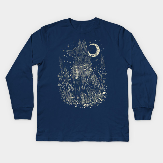 Celestial Anubis Under the Moon – Mystical Guardian of the Afterlife Kids Long Sleeve T-Shirt by TuncGK