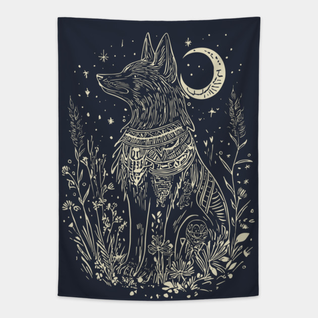 Celestial Anubis Under the Moon – Mystical Guardian of the Afterlife Tapestry by TuncGK
