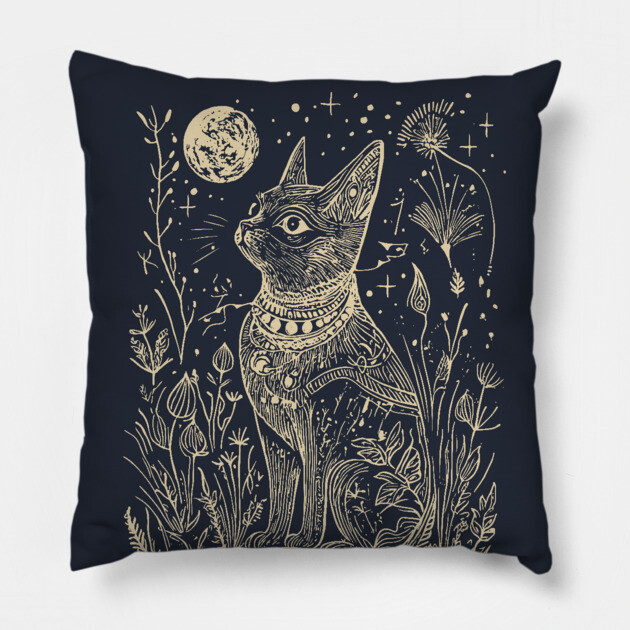 Celestial Bastet Under the Stars – Egyptian Goddess of Protection Pillow by TuncGK