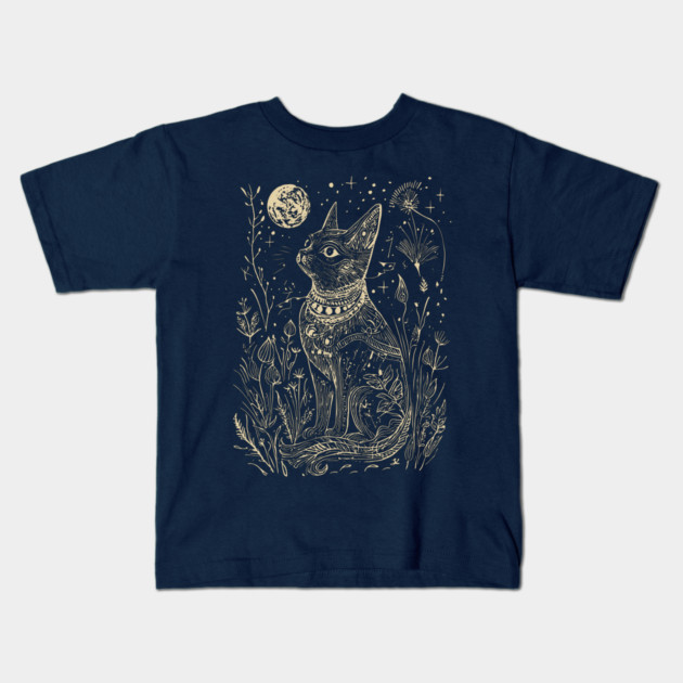 Celestial Bastet Under the Stars – Egyptian Goddess of Protection Kids T-Shirt by TuncGK