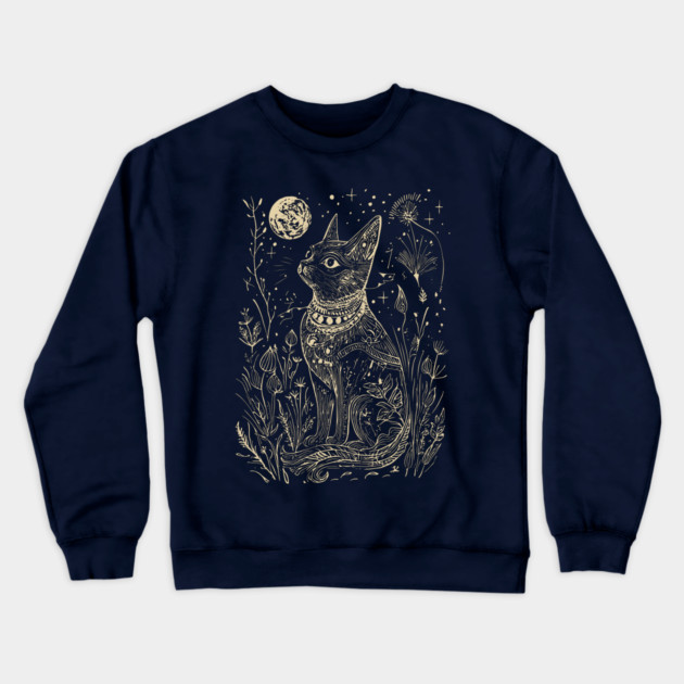 Celestial Bastet Under the Stars – Egyptian Goddess of Protection Crewneck Sweatshirt by TuncGK